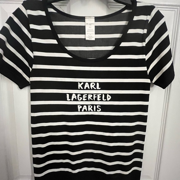 Karl Lagerfeld Paris Black and White Striped T-Shirt - Picture 3 of 5